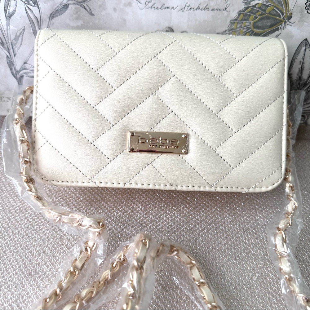 Bebe Sophia Crossbody Small Quilted Chain Strap Bag Purse Clutch in Crème Ivory